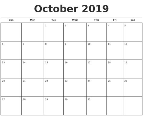 October 2019 Monthly Calendar Template