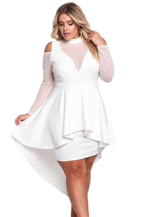 White Plus Size Mesh Trim Hi Lo Peplum Bodycon Dress