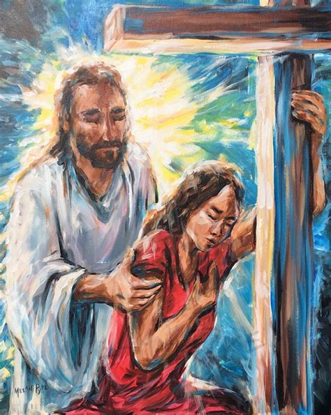 Jesus Christ With Girl At Cross Original Painting On Canvas 16x20
