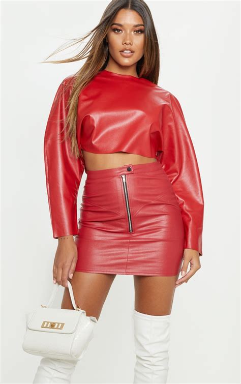Red Faux Leather Crop Sweater Tops Prettylittlething