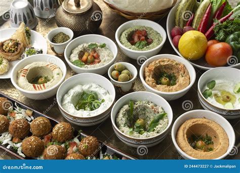 Mixed Middle Eastern Meze Sharing Food Platter In Turkish Restaurant