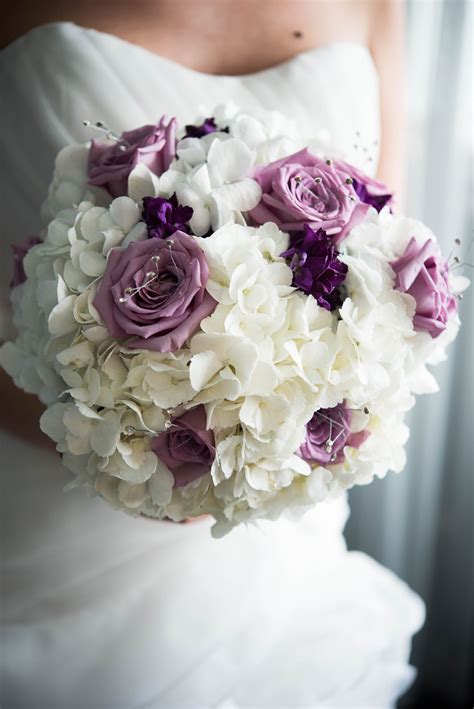 Purple And White Hydrangea And Rose Bouquet