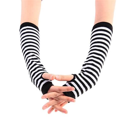 black and white zebra stripe fingerless gloves soft long arm sleeve fingerless