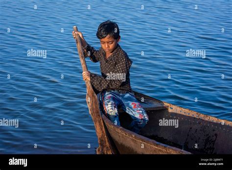 Tikamgarh Madhya Pradesh India June 05 2022 Indian Boy Boating In