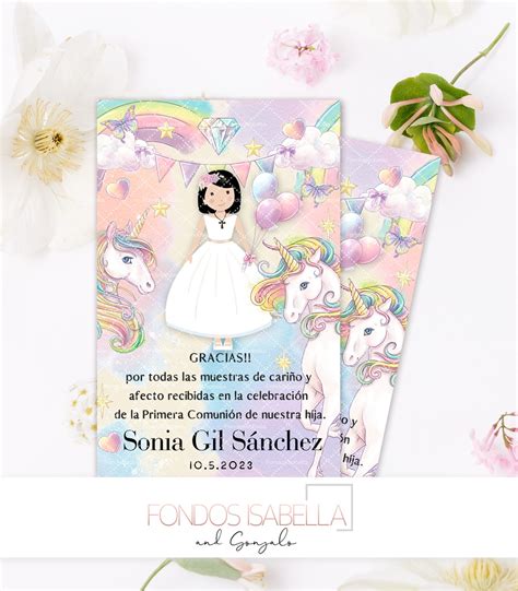 tarjeta de agradecimiento de comunión niña unicornio arcoiris