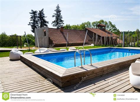 Beautiful Outdoor Skimmer Swimming Pool With Wooden