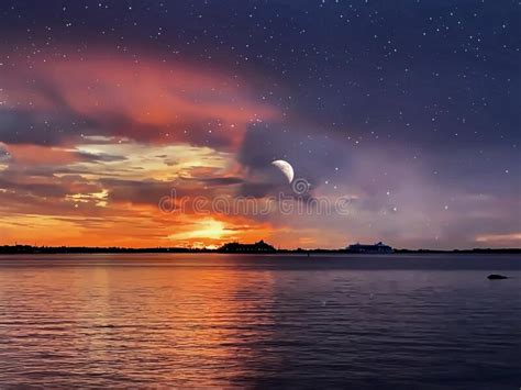 Moon And Starry Sky Night Dark Dramatic Blue Lilac Gold Orange Sunset