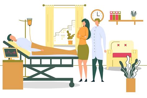 Premium Vector Patient On Hospital Bed With Dropper Woman Visit