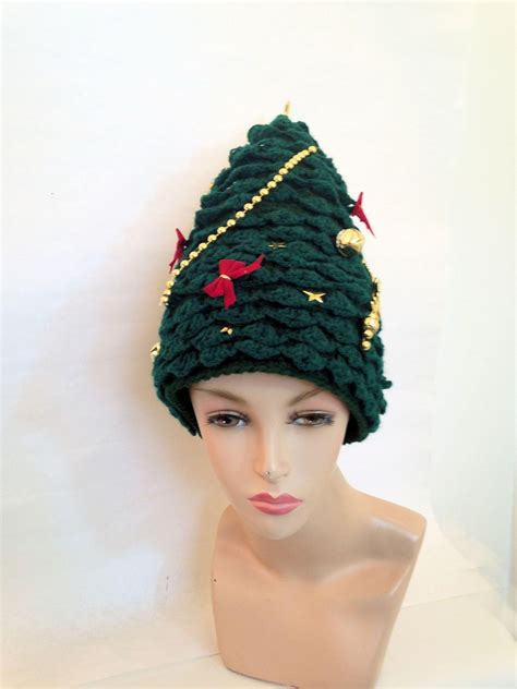 Christmas Tree Hat Handknit Creative Hat Green Unusual Womens Etsy