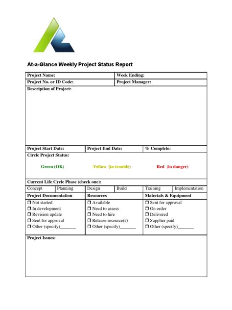 At A Glance Weekly Project Status Report