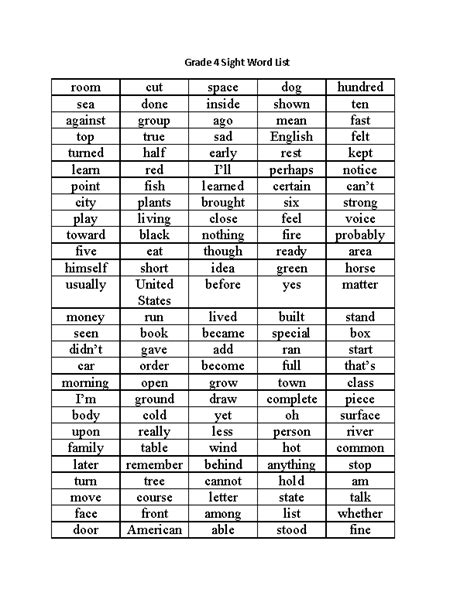 Sight Words Lists Sight Words List Grade 4