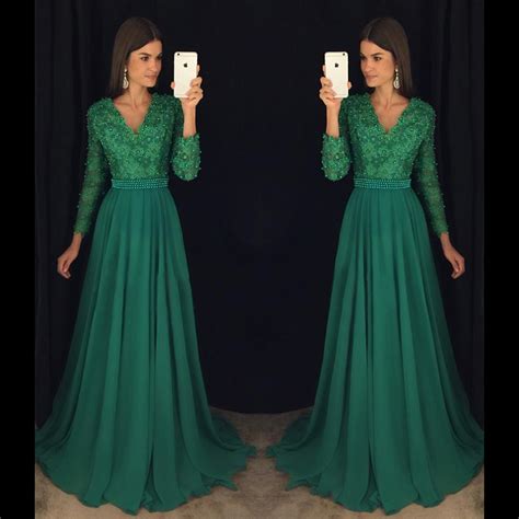 Cap sleeves long dresses with sequins top. Emerald Green Long Sleeve Lace Prom Dress, Pearl Beading ...