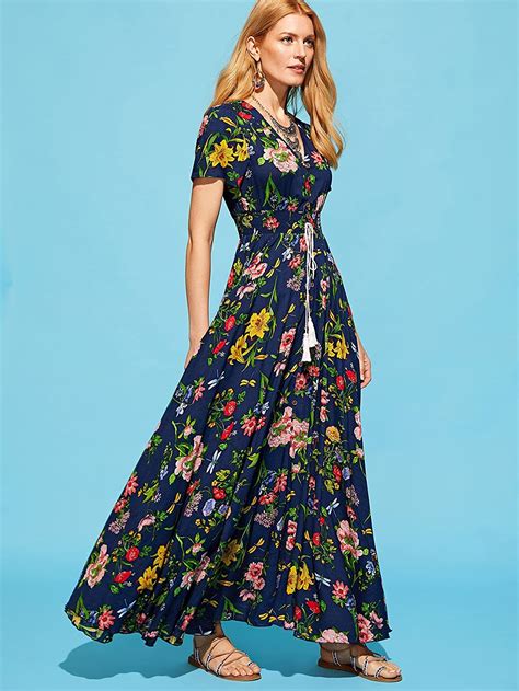 milumia women s button up split floral print flowy party maxi dress blue ebay