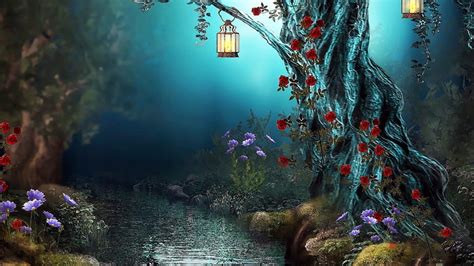 Hd Wallpaper Enchanted Forest Lanterns Creek Flowers Evening Dusk