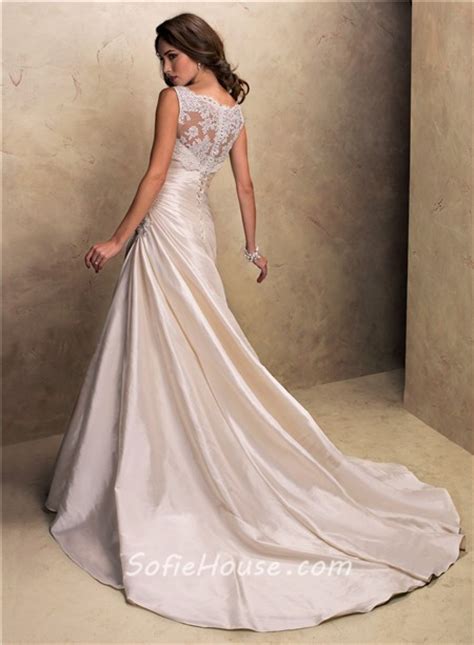A Line Strapless Champagne Colored Satin Wedding Dress With Lace Jacket