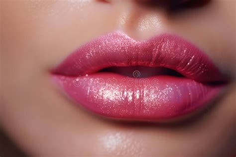 Glamour Fashion Bright Pink Lips Gloss Make Up With Gold Glitter