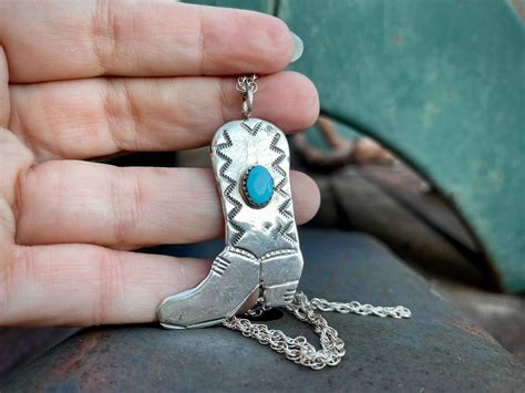 Vintage Sterling Silver Turquoise Cowboy Boot Pendant With Chain