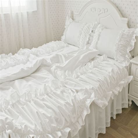 100 Cotton Satin Korean Princess White Ruffles Luxury Bed Skirt Lace Embroidery Bedding Twin