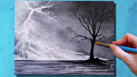 Lightning Tree Easy Black And White Painting Easy Acrylic Painting