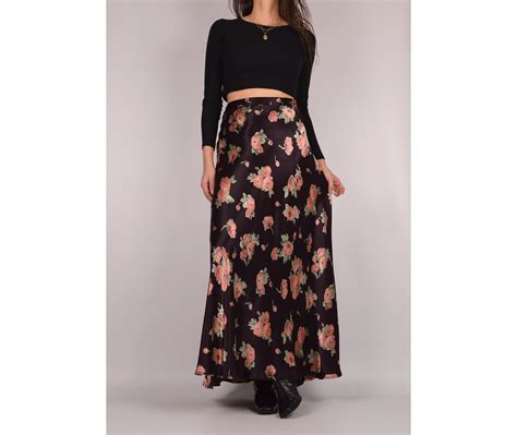 90 S Satin High Waist Floral Maxi Skirt M L