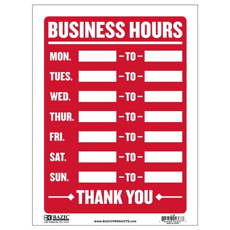12 X 16 Business Hours Sign Crown Office Supplies