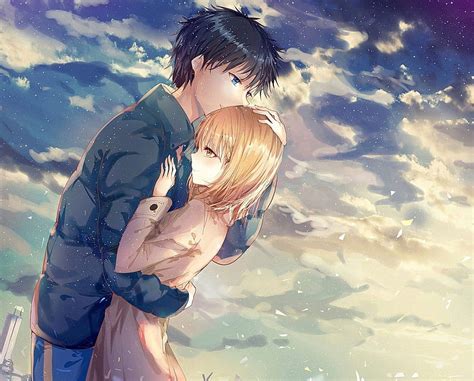 Pasangan Anime Pelukan Romansa Awan Indah Pemandangan Anime