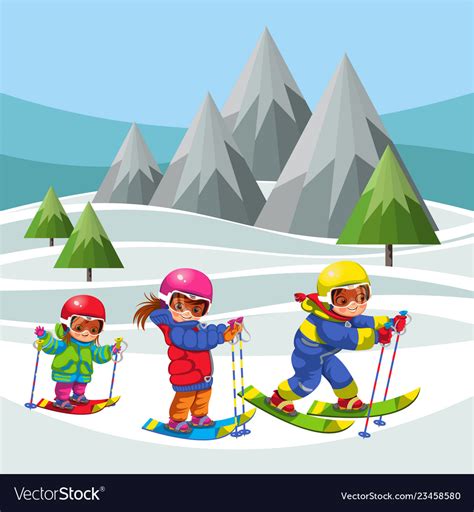 Cartoon Cheerful Childrens Moving On Ski In Suit Vector Image