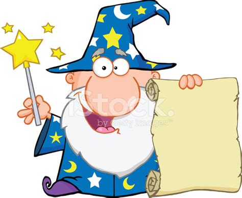 Wizard Waving With Magic Wand And Holding Up A Scroll Stock Photo