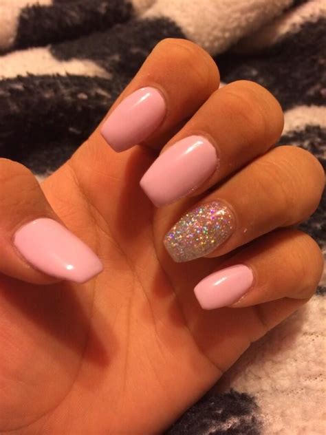 Coffin Nails Light Pink White On Ring Finger Tips Color Short Acrylic