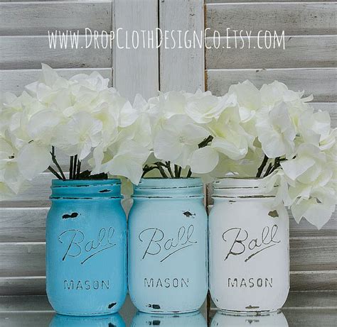 Painted Mason Jar Vases Turquoise And White Etsy Australia Mason