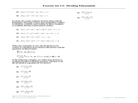 Leave me a comment in the box below. Exercise Set 3.3: Dividing Polynomials Worksheet for 9th ...