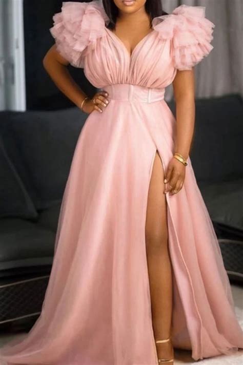 Nude Pink Sexy Elegant Solid Patchwork V Neck Evening Dress Plus Size
