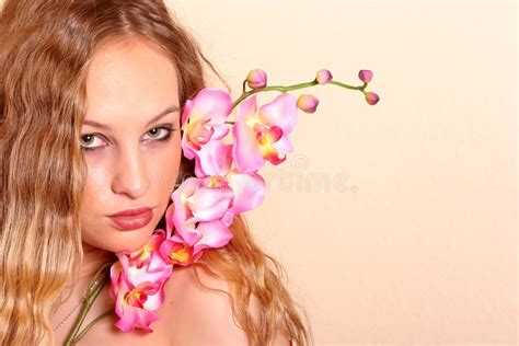 Beautiful Woman With Orchid Stock Photo Image Of Woman Headshot