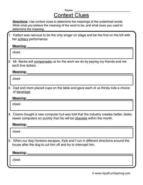 Free Printable Worksheets On Context Clues Grade 6