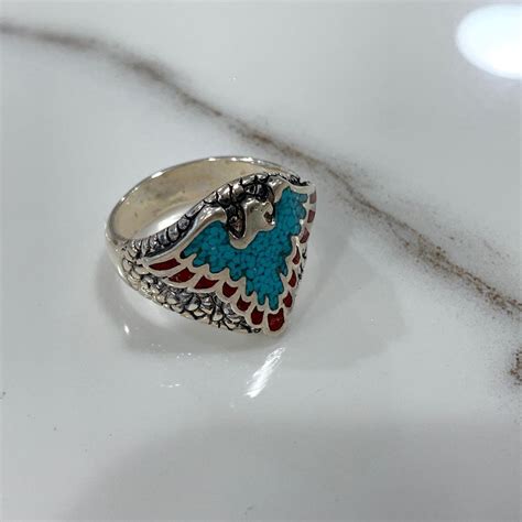 Large Crushed Turquoise Coral Inlay Thunderbird American Eagle Biker