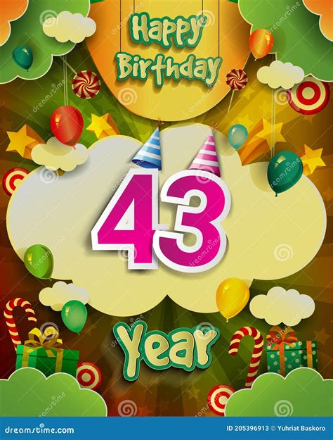 43rd Birthday Celebration Greeting Card Design With Clouds And