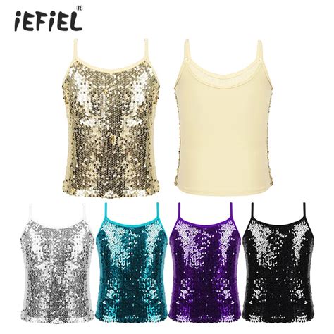 Kids Girls Crop Top Rave Outfits Sparkly Shiny Sequins Dance Camisole