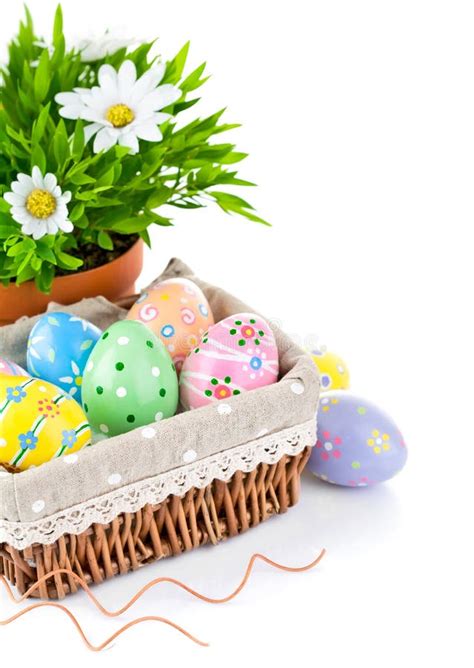 Easter Eggs In Basket With Spring Flowers Stock Photo Image Of Easter