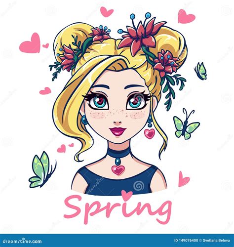 pretty cartoon girl portrait big blue eyes blonde hair and pink flowers stock vector