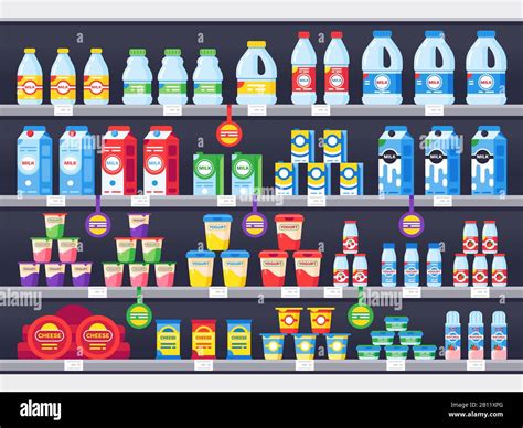 Shop Shelf With Milk Products Dairy Grocery Store Shelves Milk Bottle