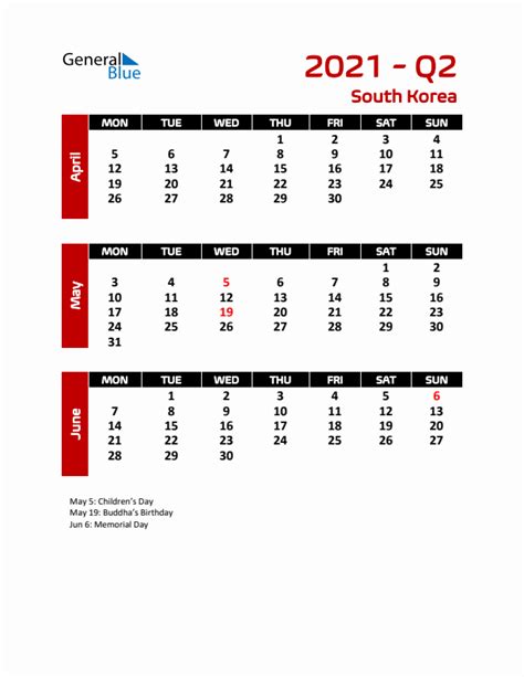 Three Month Calendar For South Korea Q2 Of 2021