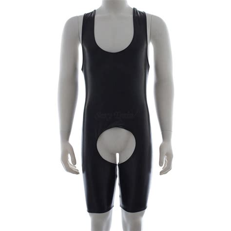 Men Faux Leather Crotchless Gay Mens Spandex Bodysuit Sexy Fetish