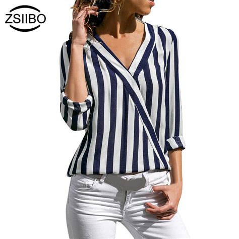 2021 Black White Stripe Blouse Button Turn Down Tops Womens Shirts