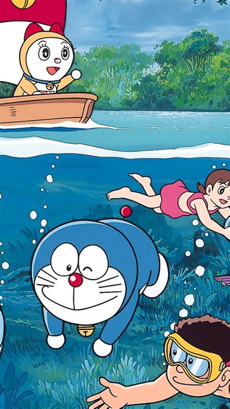 Shinchan And Doraemon Swimming River Background Hd Phone Wallpaper