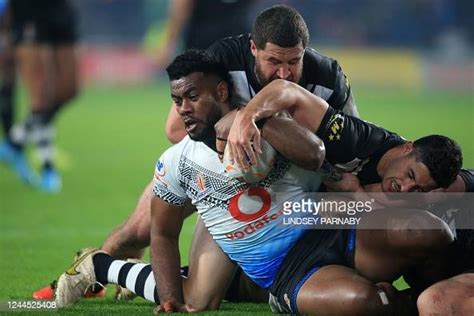 Fijis Semi Valemei Is Tackled During The 2021 Rugby League World Cup