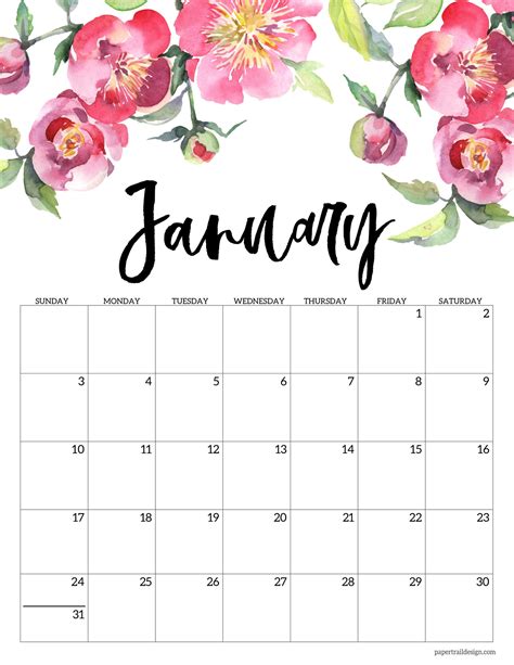 Black and white monthly planner with fields for notes and notes Free Printable 2021 Floral Calendar - Paper Trail Design