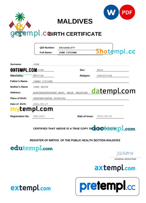 Maldivian Birth Certificate Word And Pdf Example Completely Editable Pretempl