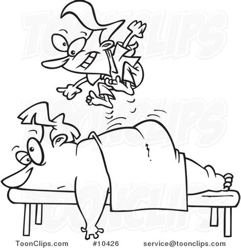 Cartoon Black And White Line Drawing Of A Tiny Massage Therapist Jumping On Her Client 10426 By