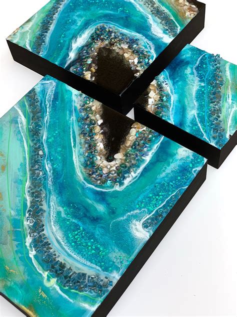 Aquamarine Blue Geode Wall Art Agate Triptec On Wood Blocks Etsy