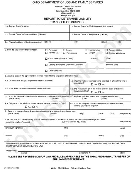 Form Jfs 66300a Report To Determine Liability Transfer Of Business